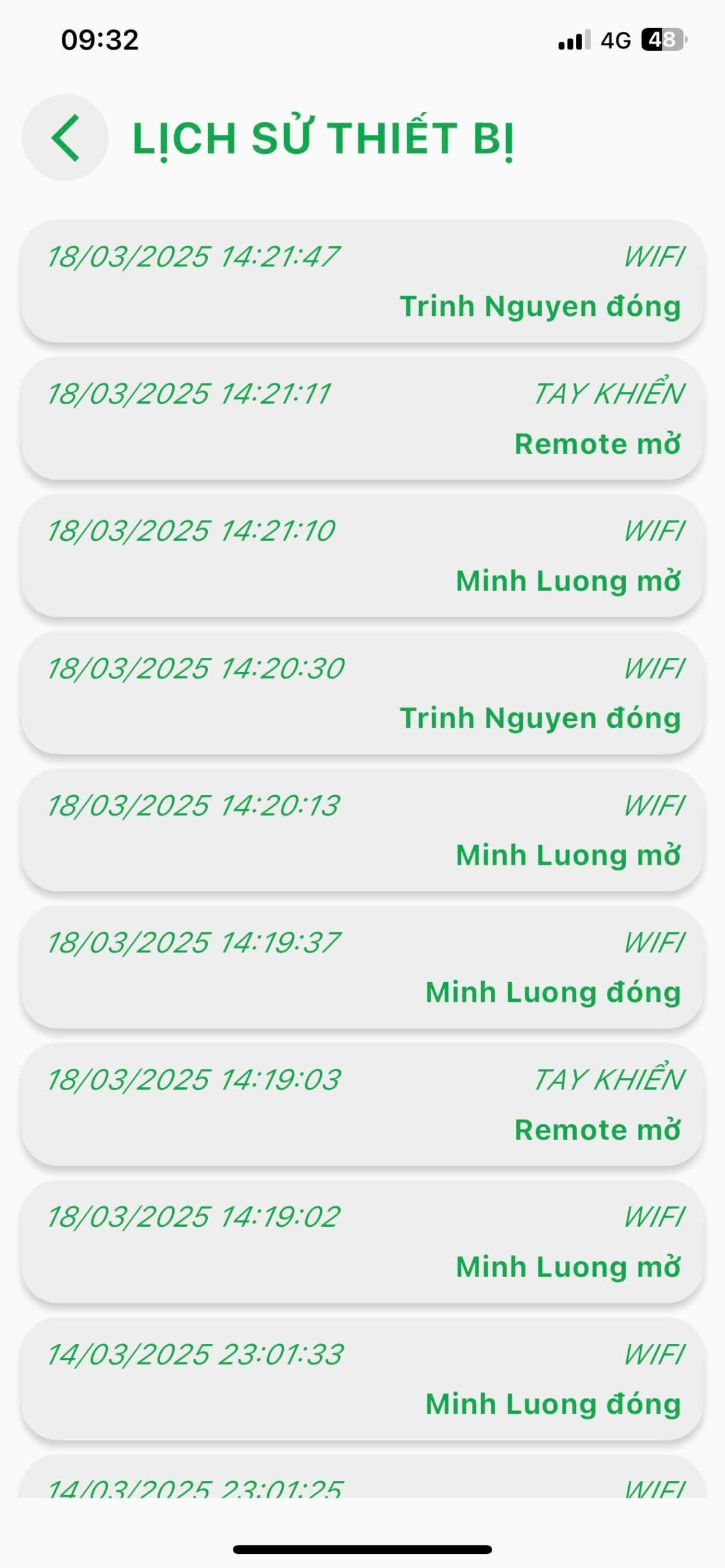 Giao diện lịch sử đóng mở cửa cuốn